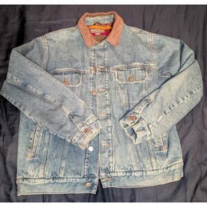 Woolrich Denim Jean Jacket Blanket Fleece Lined Size Large Leather Collar